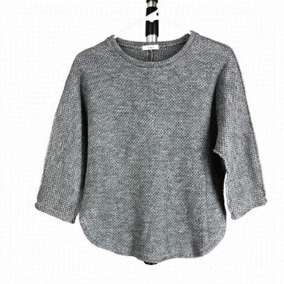Oak + FORT NOUL Grey Waffle Raw Edge Rounded Hems 3/4 Sleeve Knit Sweater Sz S/M - Picture 1 of 7